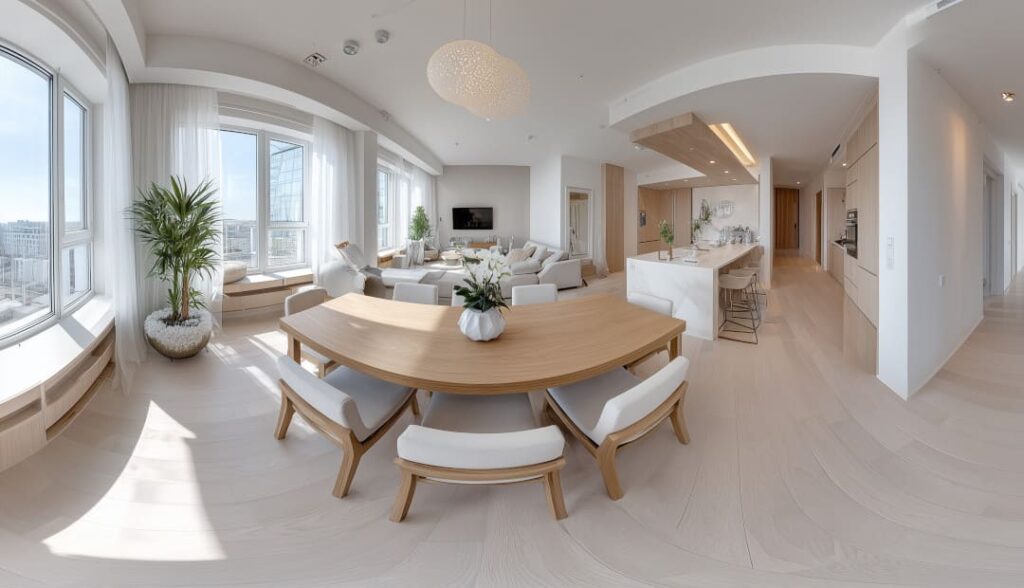 360 Grad Rundgang einer modern eingerichteten Wohnung zur professionellen Immobilienvermarktung